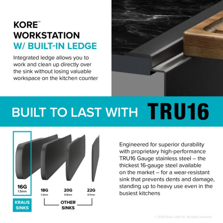 Кухонна мийка Kore KWT310-33/PGM верхнього та нижнього монтажу с PVD покриттям, WORKSTATION