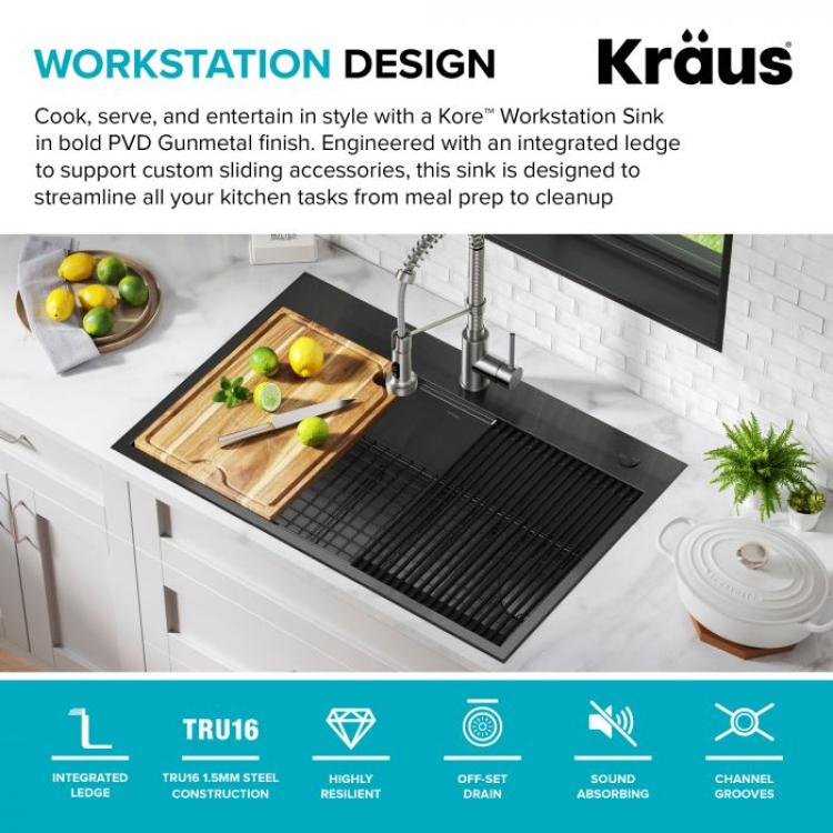Кухонна мийка Kore KWT310-33/PGM верхнього та нижнього монтажу с PVD покриттям, WORKSTATION