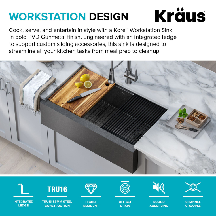 Кухонна мийка Kore KWF410-33/PGM WORKSTATION з переднім фартуком нижнього монтажу, покриття PVD
