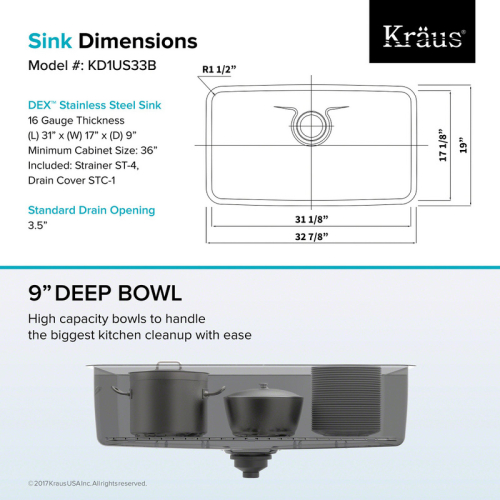 Мийка кухонна стальна KD1US33B DEX Kraus-foto13
